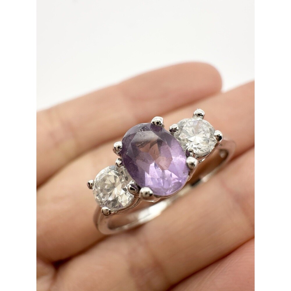 Vintage Amethyst & Cubic Zirconia Sterling Silver Ring - Size 10